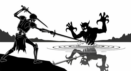 Obraz premium Undead combat between skeleton warrior and devil emerging from lake water, undead combat presented in black and white illustration. Fantasy scene depicts undead combat, dramatic tension.