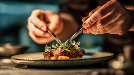 Chef Preparing Gourmet Dish with Precision and Attention to Detail