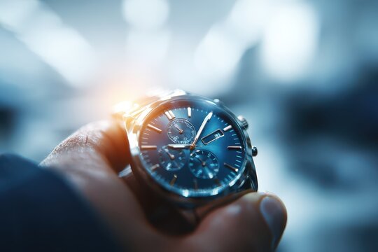 Man's hand holding an elegant blue dial chronograph watch, symbolizing time