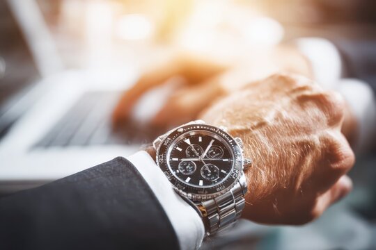 Luxury chronograph watch on a businessman's wrist, a symbol of time.