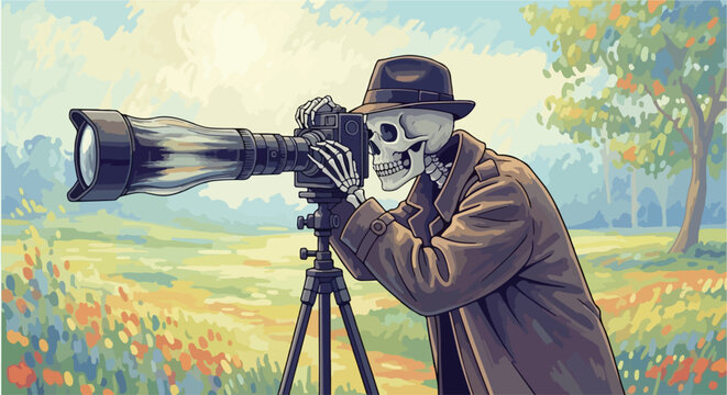Photographer skeleton with camera taking photos in nature during fall season. Photographer skeleton is dressed in an overcoat and fedora hat, autumn light in background.