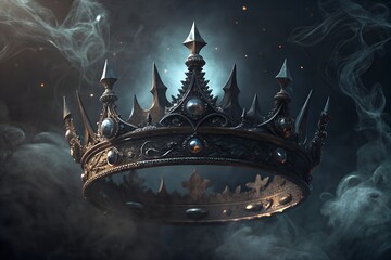 An ornate, dark metal royal crown with sharp spires floating in mystical smoke against a starry night sky.