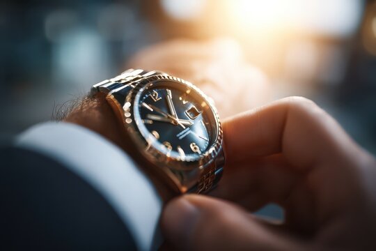 Elegant luxury wristwatch on a businessman's arm, bathed in warm light and bokeh.