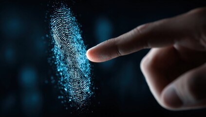 A hand with a finger touches a digital fingerprint graphic