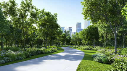 Fototapeta premium Lush green urban park with trees, flowers, and pathway, creating serene atmosphere amidst city buildings