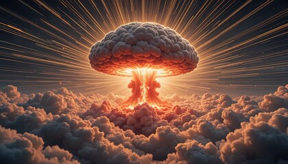 Dramatic mushroom cloud over fluffy clouds with golden rays, a powerful metaphor for change and impact