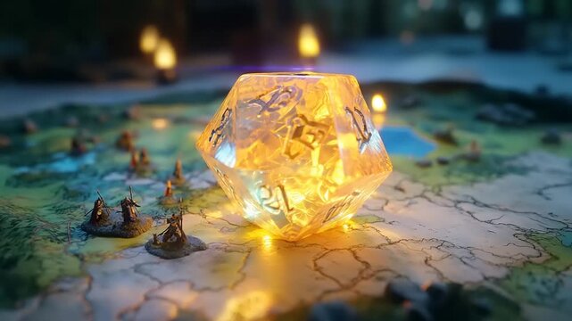 Glowing D20 Dice on Fantasy Game Board at Night