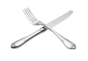 Elegant silver fork and knife crossed together symbolizing dining food meal service restaurant