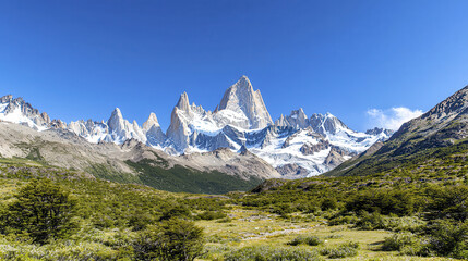 Fototapeta premium Majestic mountain range with snow capped peaks under clear blue sky, surrounded by lush green valleys and rocky terrain