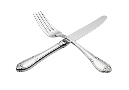 Elegant silver fork and knife crossed together symbolizing dining food meal service restaurant