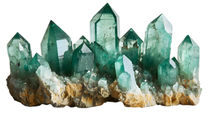 The sparkle and glow of raw emerald crystal clusters in their natural geological formations isolated on a transparent background
