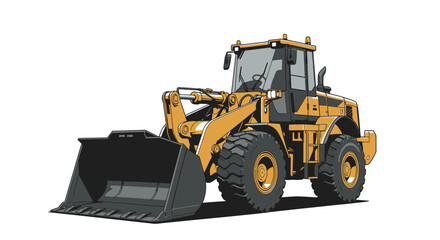 Fototapeta premium Illustration of a yellow wheel loader isolated on white background, showcasing its robust tires, bucket, and cabin, ideal for construction and heavyduty tasks
