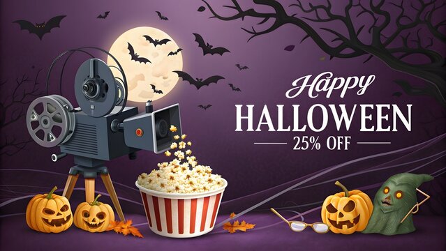 A Spooky Halloween Movie Night 25% Off Celebration with Classic Projector and Festive Decorations - Powered by Adobe