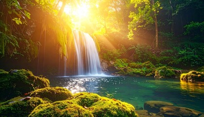 Hidden waterfall cascading into a crystal pool surrounded by luminous moss and soft golden light filtering through trees, magical natural beauty,