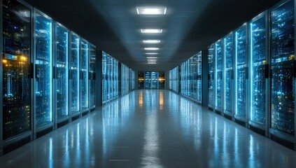 Fototapeta premium Dark server room illuminated by glowing blue lights. Rows of server cabinets line a long corridor. Sleek, modern design