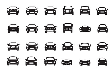 Car Front View Icons Set – Modern Vehicle Silhouettes, Automotive Vector illustration Collection
