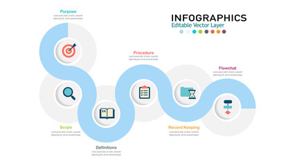 Business infographic vector template with 6 steps, icons, and wavy timeline. Ideal for flowcharts, processes, and presentations. Editable vector layer. © Anuchit