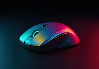 A wireless computer mouse with colorful lighting on a dark background