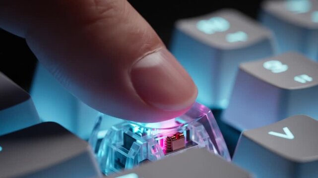 Close up of a finger pressing a mechanical keyboard switch with RGB lighting.