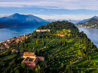 Aerial landscape of Bellagio villa and Lago di Como Lake in Italian Alps fall in Lombardy
