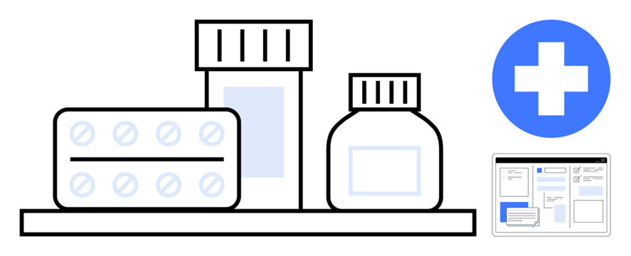 Medicine containers, blister pack, pharmacy cross icon, and digital health management interface. Ideal for healthcare, pharmacy, medicine, telehealth, prescription medical supplies online services