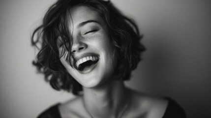Monochrome portrait of a joyful woman laughing with closed eyes indoors