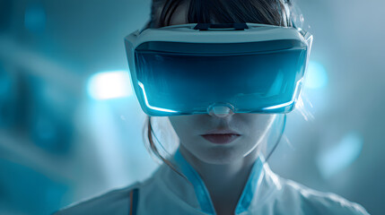 Futuristic scientist using a virtual reality headset to visualize and interact with complex cellular data in a high-tech laboratory