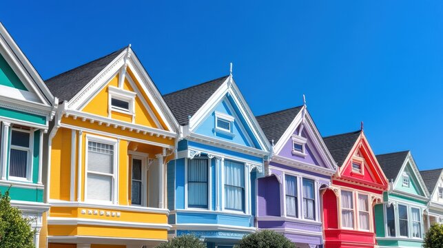 Colorful Victorian Houses in Bright Shades Against Clear Blue Sky