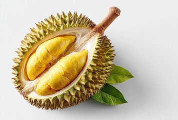Obraz premium Durian fruit, half opened, displaying yellow flesh