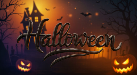3D rendered handwritten Halloween text with a glossy spooky look, set against a dark silhouette background with haunted house elements and glowing bokeh lights. Perfect for Halloween event posters