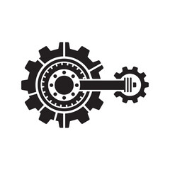 Steampunk style gear mechanism vector. Black silhouette of connected cogwheels, industrial machine part icon for technology and engineering design, isolated on white background.

