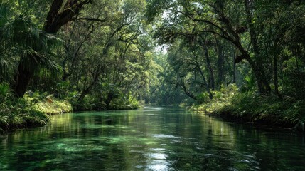 Emerald river in lush forest