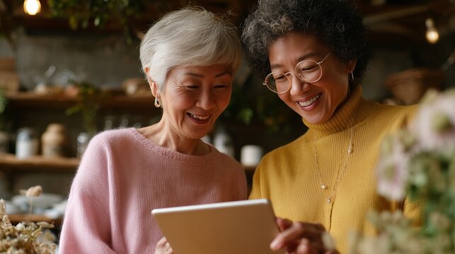 Two women enjoying a joyful moment while exploring a tablet in a cozy indoor setting with warm lighting - Powered by Adobe