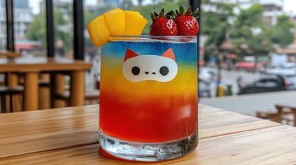 Obraz premium Colorful Layered Drink with Cute Cat Sticker and Fresh Fruit Garnish