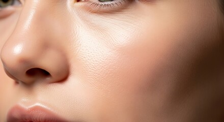 Close-up view of a woman's smooth, light-toned face, highlighting the soft textures and subtle blush.