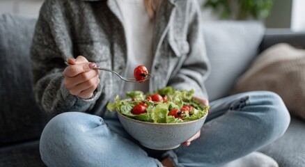 Woman eating salad on couch