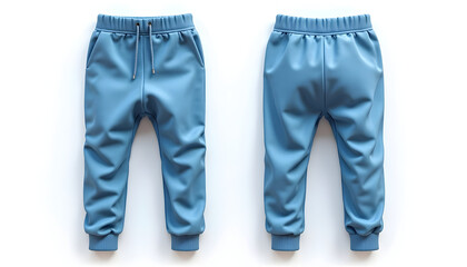 Isolated Blue Jogger Pants Front and Back View on White Background