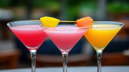 Colorful Cocktail Selection with Fresh Fruit on Skewers