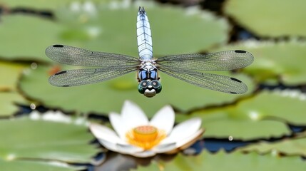 Dragonfly in Flight Above Water Lily on Tranquil Pond Surface