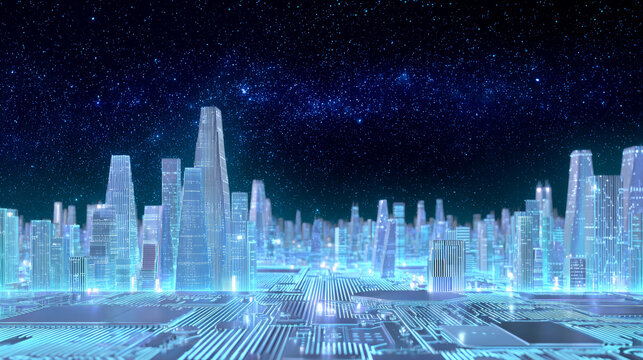 Cityscape on glowing circuit board