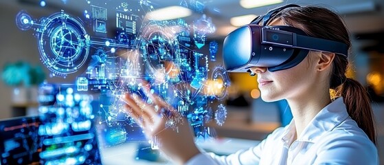 Woman using VR headset for data analysis.