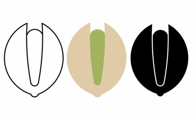 vector illustration of Pistachio nut icon set in outline, silhouette, blank and color style. Minimalist vector illustration for food, snack, seed, nutrition, agriculture, and healthy lifestyle design.