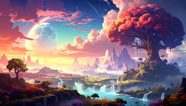 Colorful fantasy landscape with majestic tree