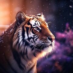 Obraz premium Close-up portrait of a majestic tiger in the snow. Wildlife animal in a magical winter forest with dramatic sunset lighting.