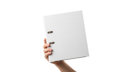 hand holding blank white lever arch file office organization, project management, and branding mockup, isolated on transparent background