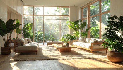 Fototapeta premium Spacious living room interior with white wooden sofas, low wooden table, large rug, and tropical green plants near tall glass windows. Afternoon sunlight creates a warm and natural atmosphere
