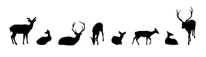 Red deer. Vector set of black silhouettes of deer.