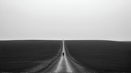 A solitary figure stands at the edge of a vast, empty landscape, surrounded by nothingness, conveying a sense