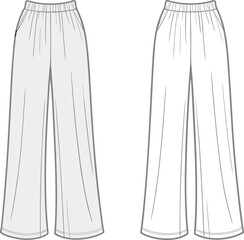 Flat sketch, fashion illustration, women's wide leg pants, technical drawing, loose fit trousers, garment design, vector template, apparel, clothing, front back view