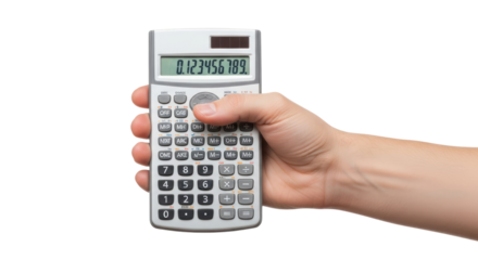 hand holding calculator precise calculations, financial planning, and business success, isolated on transparent background